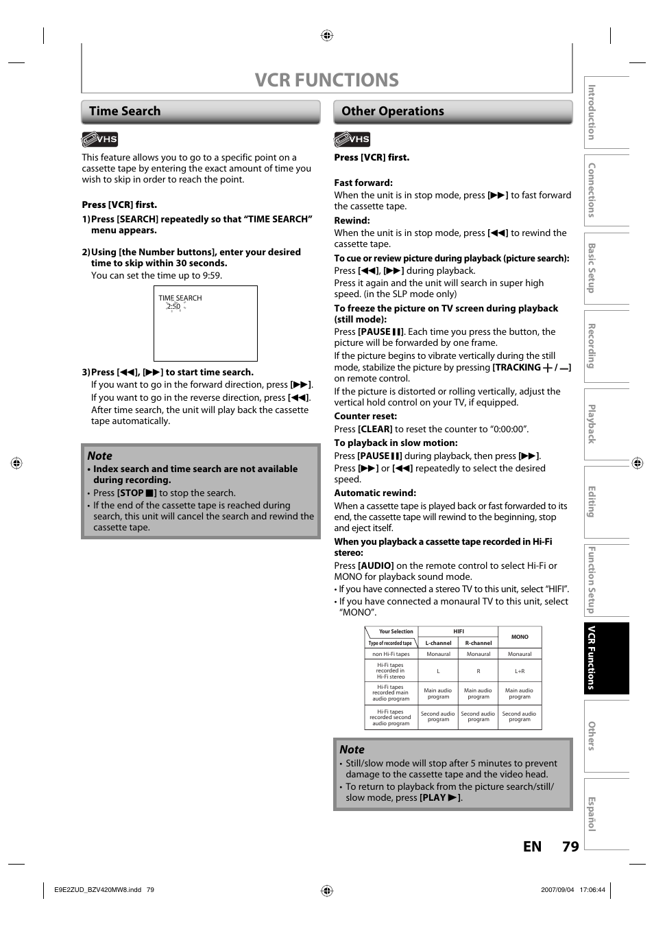Vcr functions, 79 en, Time search other operations | FUNAI BZV420MW8 User Manual | Page 81 / 94