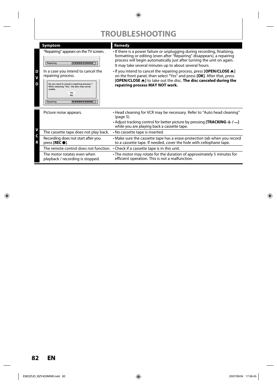 Troubleshooting, 82 en 82 en | FUNAI BZV420MW8 User Manual | Page 84 / 94