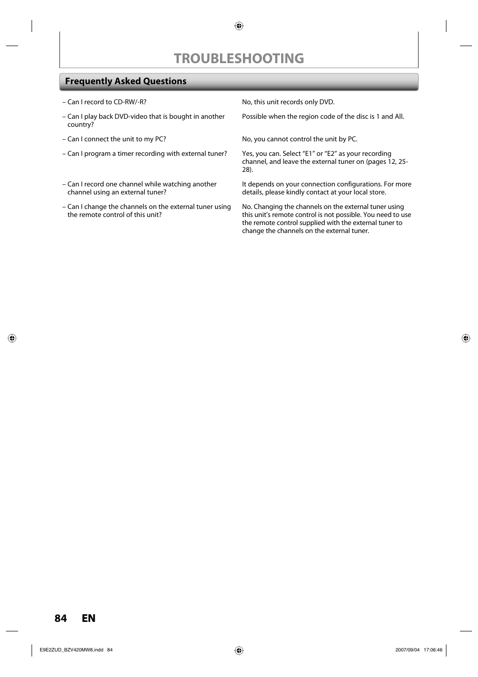 Troubleshooting, 84 en 84 en, Frequently asked questions | FUNAI BZV420MW8 User Manual | Page 86 / 94