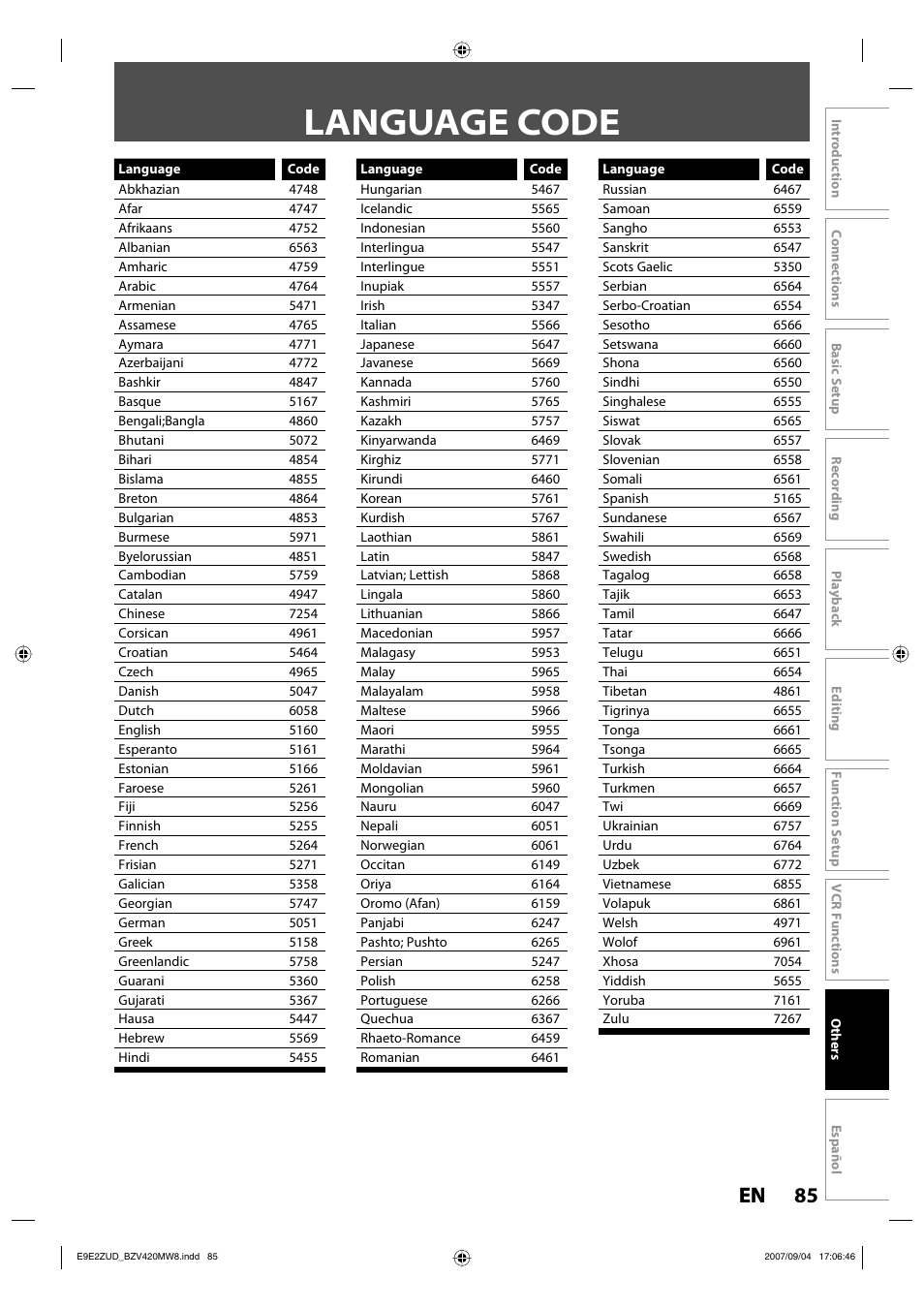 Language code, 85 en 85 en | FUNAI BZV420MW8 User Manual | Page 87 / 94