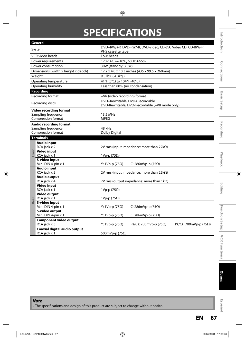 Specifications, 87 en 87 en | FUNAI BZV420MW8 User Manual | Page 89 / 94