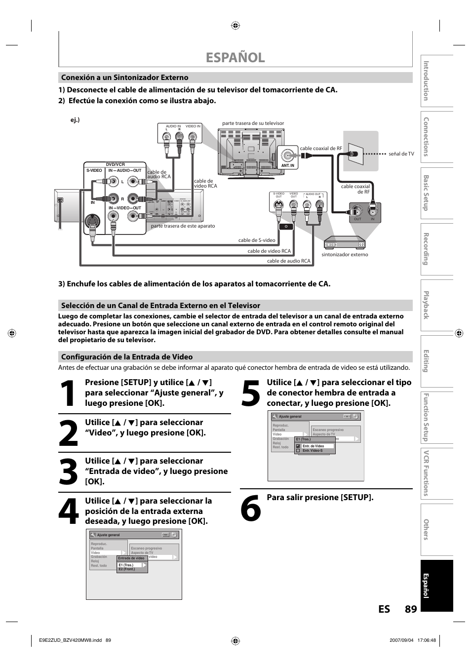 Español, 89 es, Para salir presione [setup | FUNAI BZV420MW8 User Manual | Page 91 / 94