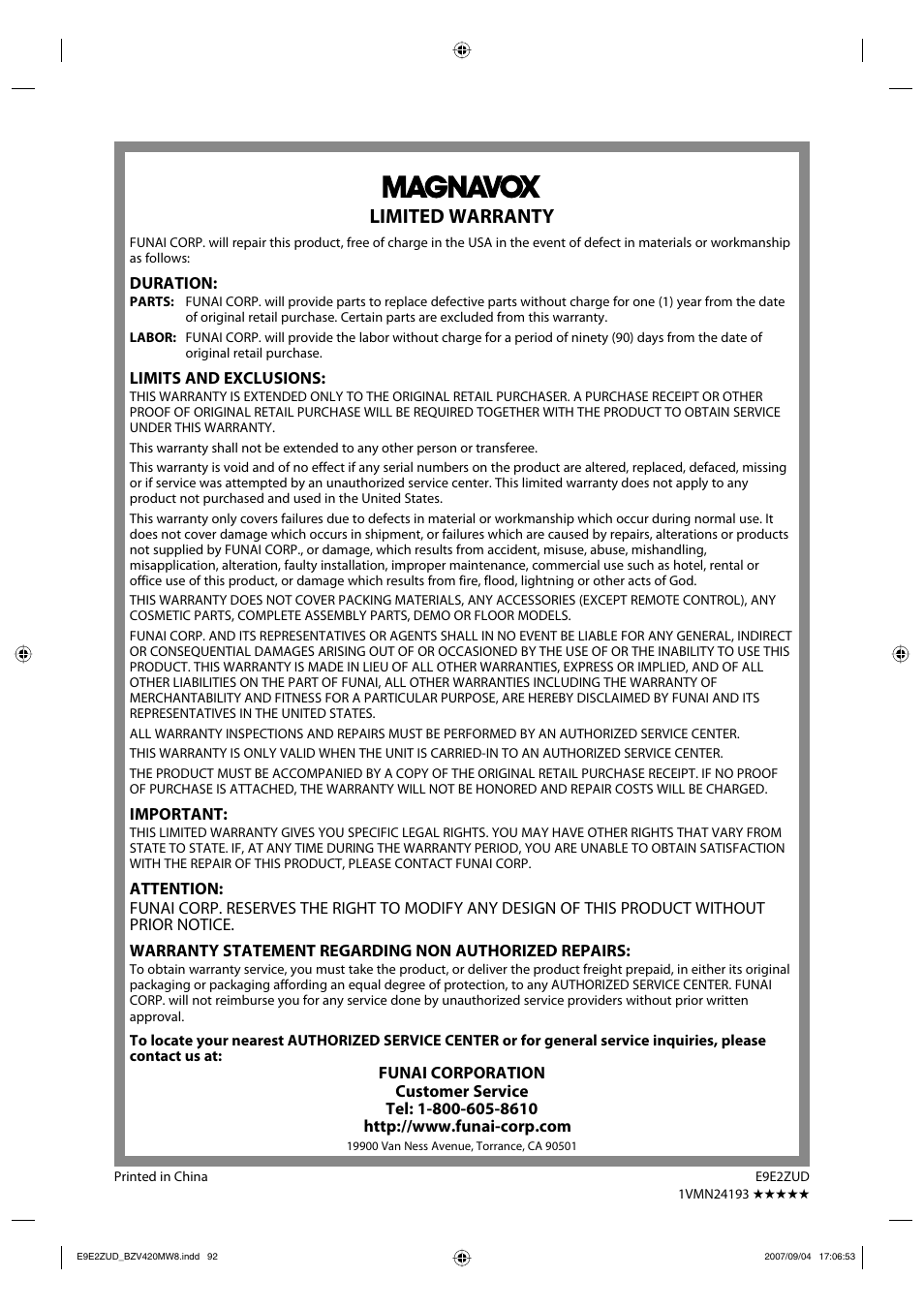 Limited warranty | FUNAI BZV420MW8 User Manual | Page 94 / 94