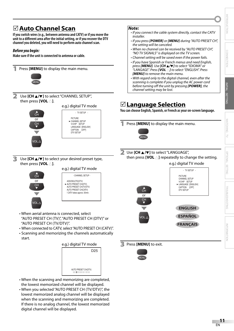 Auto channel scan, Language selection | FUNAI CR320IL8 A User Manual | Page 11 / 52