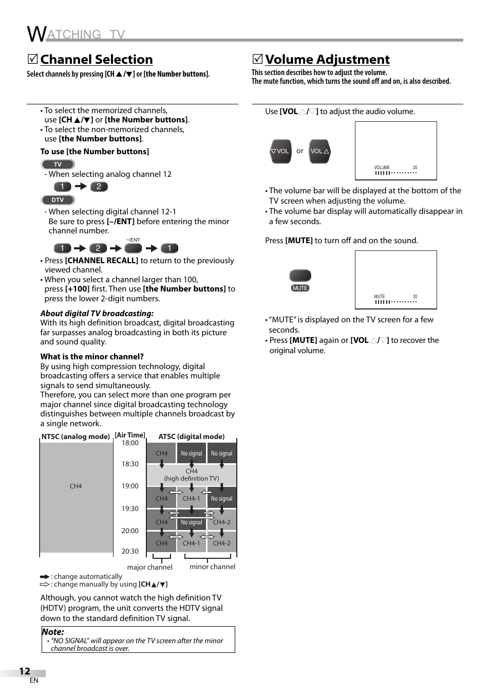 Atching tv, Channel selection, 5volume adjustment | FUNAI CR320IL8 A User Manual | Page 12 / 52