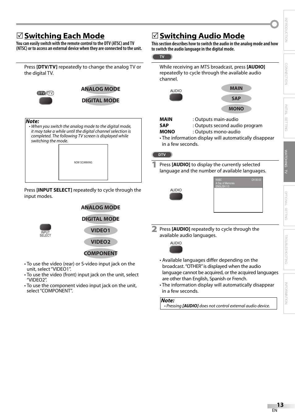 Switching each mode, 5switching audio mode | FUNAI CR320IL8 A User Manual | Page 13 / 52