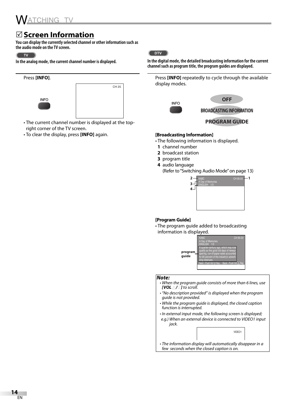 Atching tv, Screen information | FUNAI CR320IL8 A User Manual | Page 14 / 52