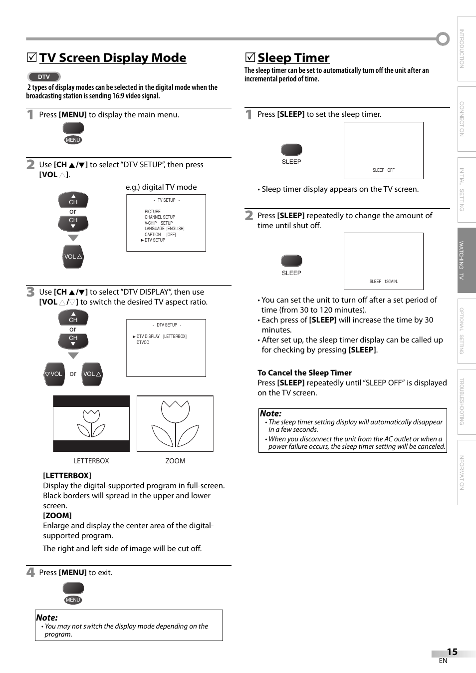 Tv screen display mode, 5sleep timer | FUNAI CR320IL8 A User Manual | Page 15 / 52