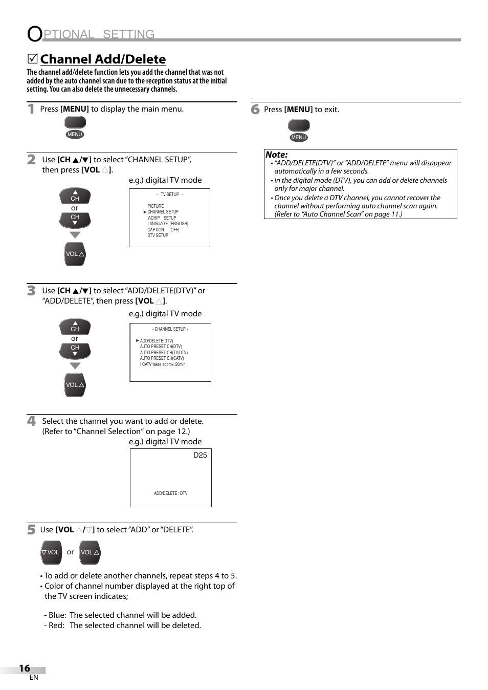 Ptional setting, Channel add/delete | FUNAI CR320IL8 A User Manual | Page 16 / 52