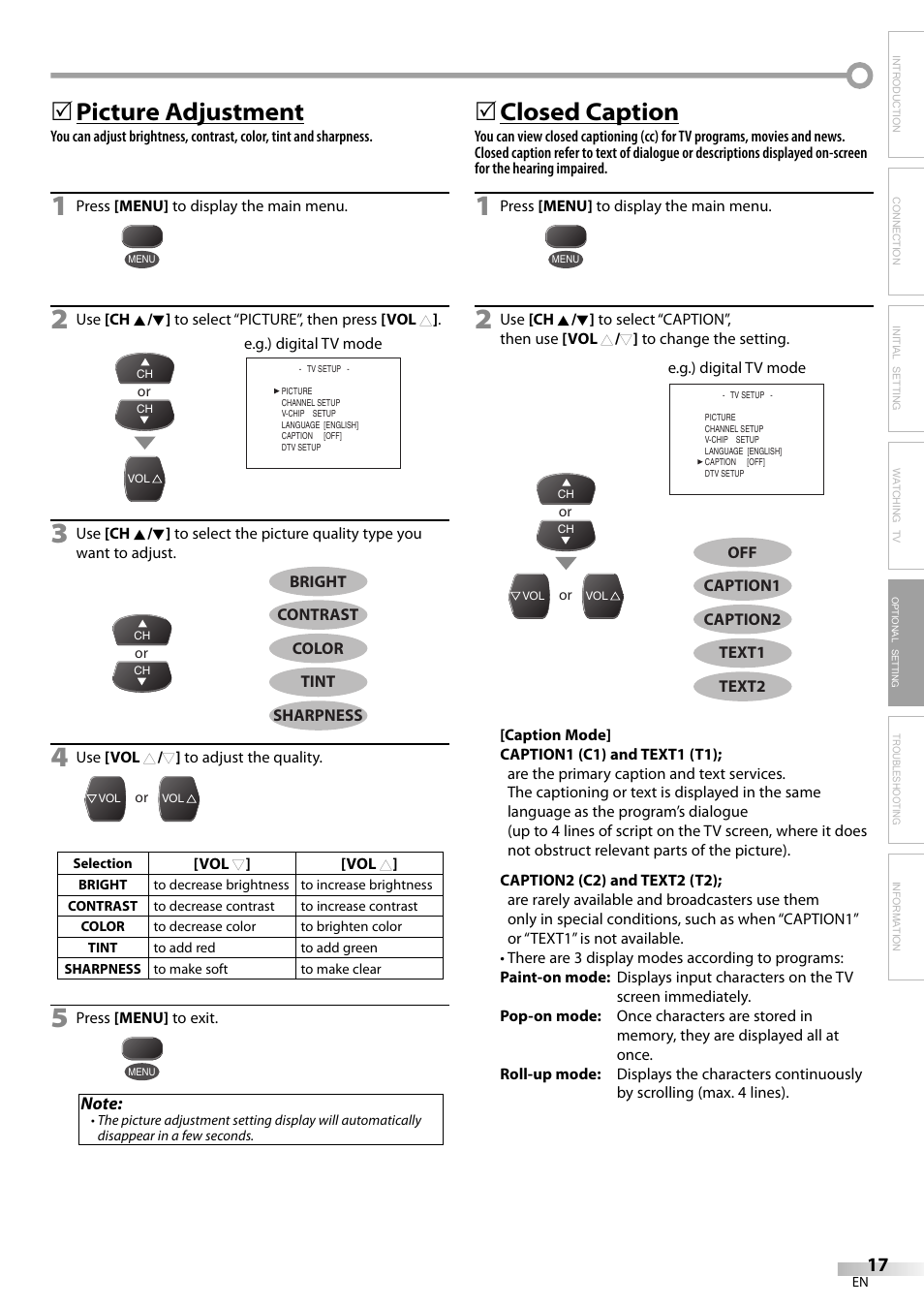 Picture adjustment, 5closed caption | FUNAI CR320IL8 A User Manual | Page 17 / 52