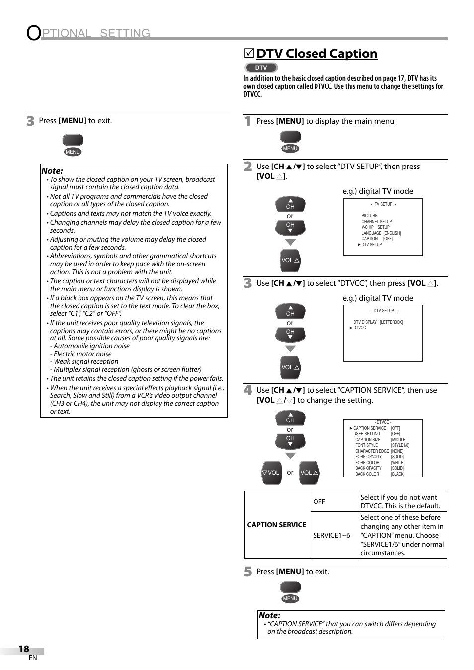 Ptional setting, Dtv closed caption | FUNAI CR320IL8 A User Manual | Page 18 / 52