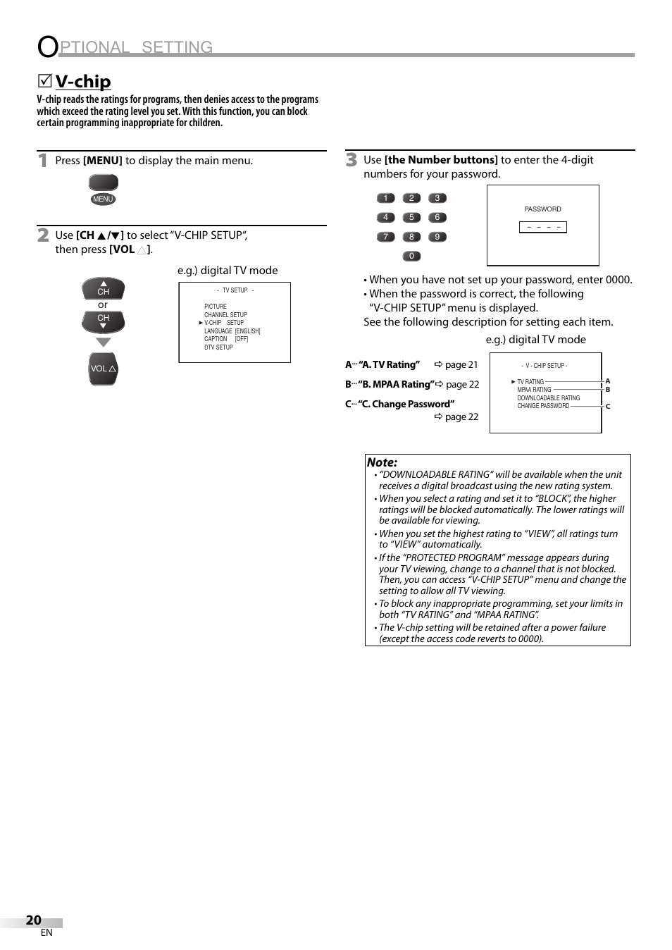 Ptional setting, V-chip | FUNAI CR320IL8 A User Manual | Page 20 / 52