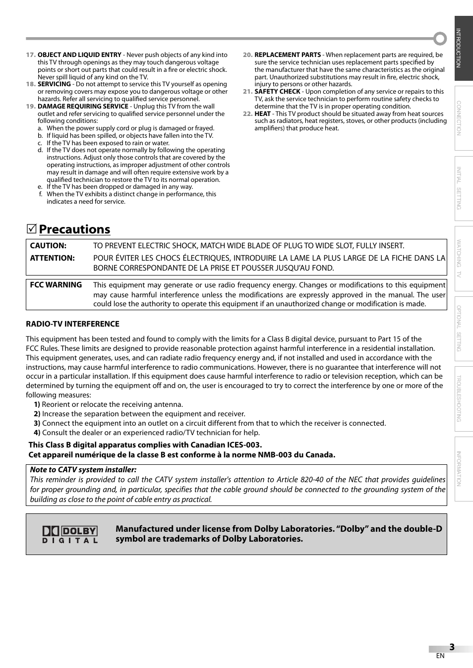 Precautions | FUNAI CR320IL8 A User Manual | Page 3 / 52