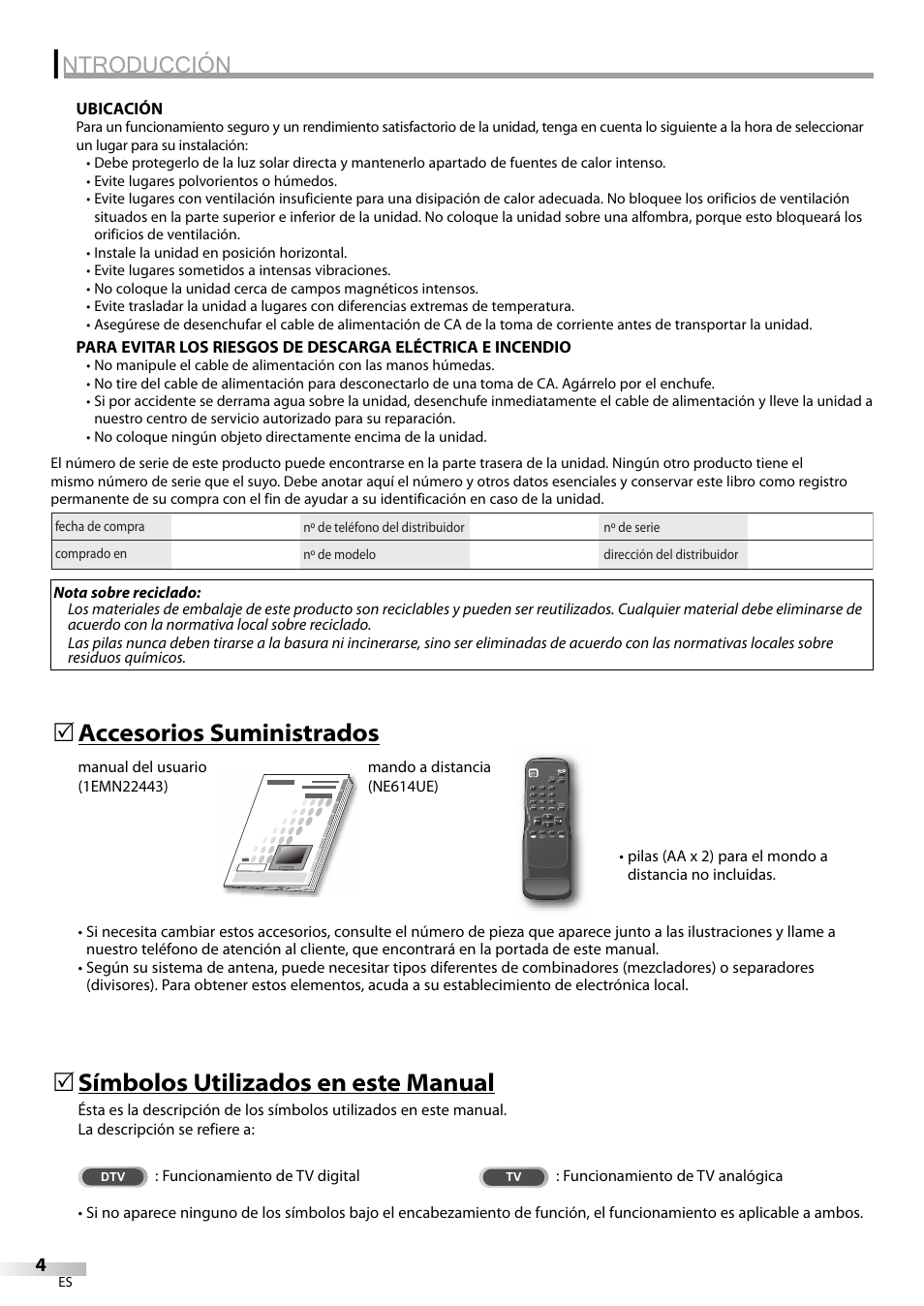 Ntroducción, Accesorios suministrados 5, Símbolos utilizados en este manual | FUNAI CR320IL8 A User Manual | Page 30 / 52