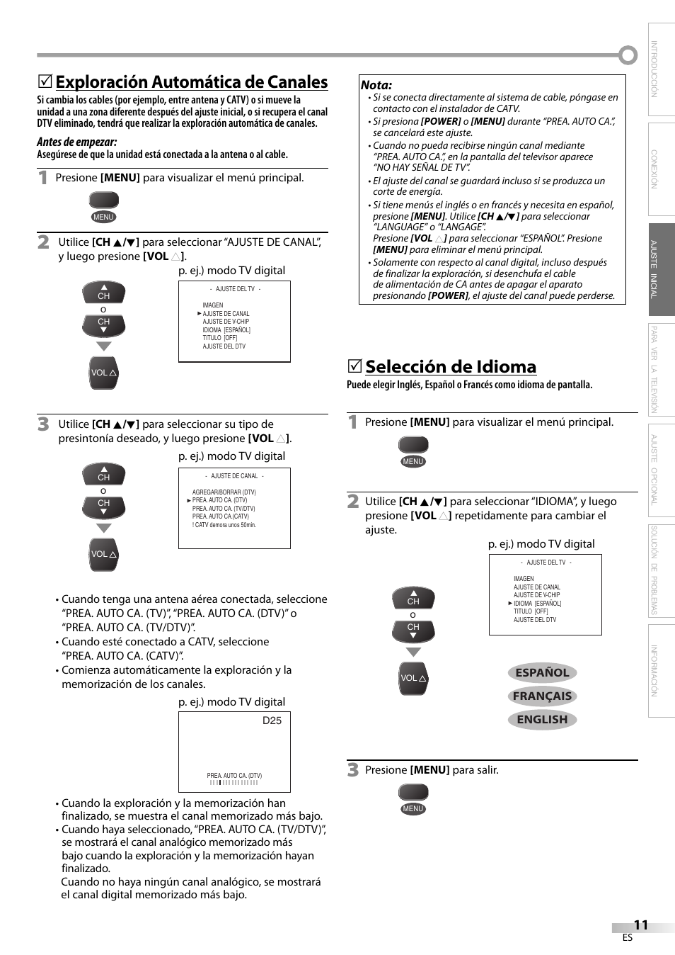 Exploración automática de canales, Selección de idioma | FUNAI CR320IL8 A User Manual | Page 37 / 52