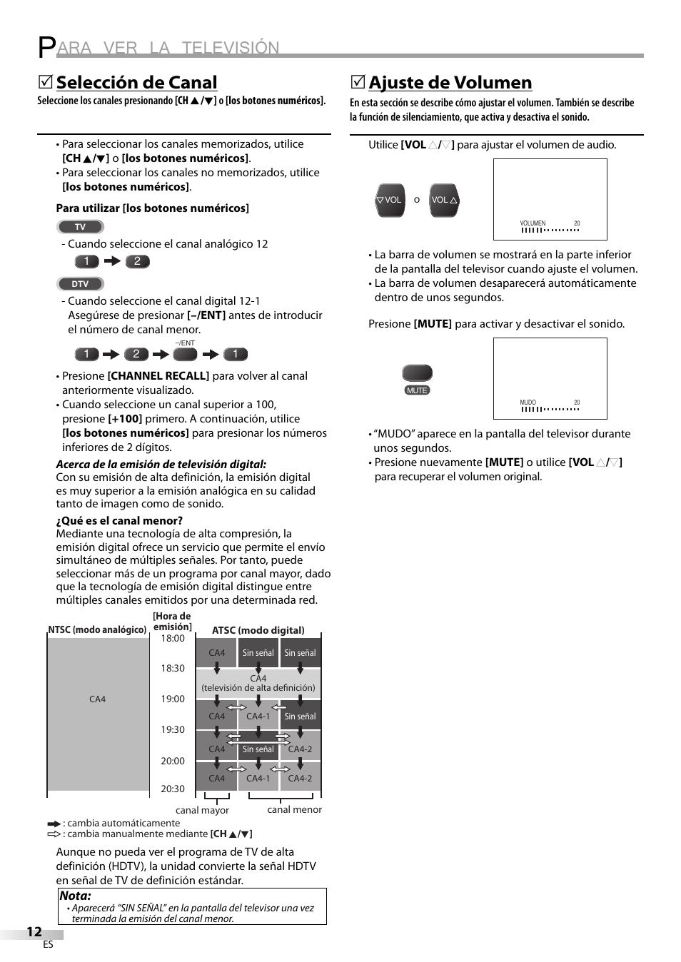 Ara ver la televisión, Selección de canal, 5ajuste de volumen | FUNAI CR320IL8 A User Manual | Page 38 / 52