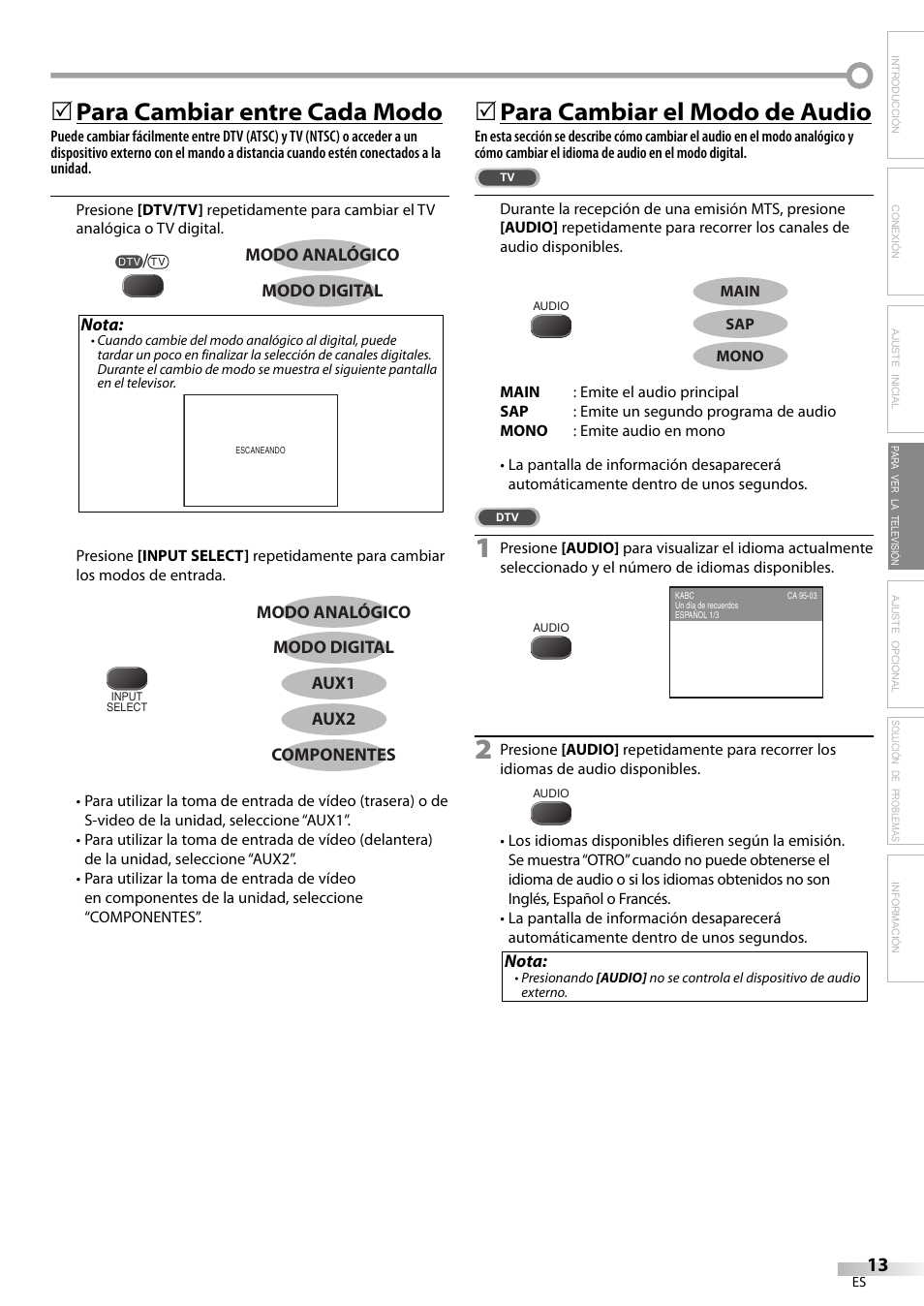 Para cambiar entre cada modo, 5para cambiar el modo de audio | FUNAI CR320IL8 A User Manual | Page 39 / 52