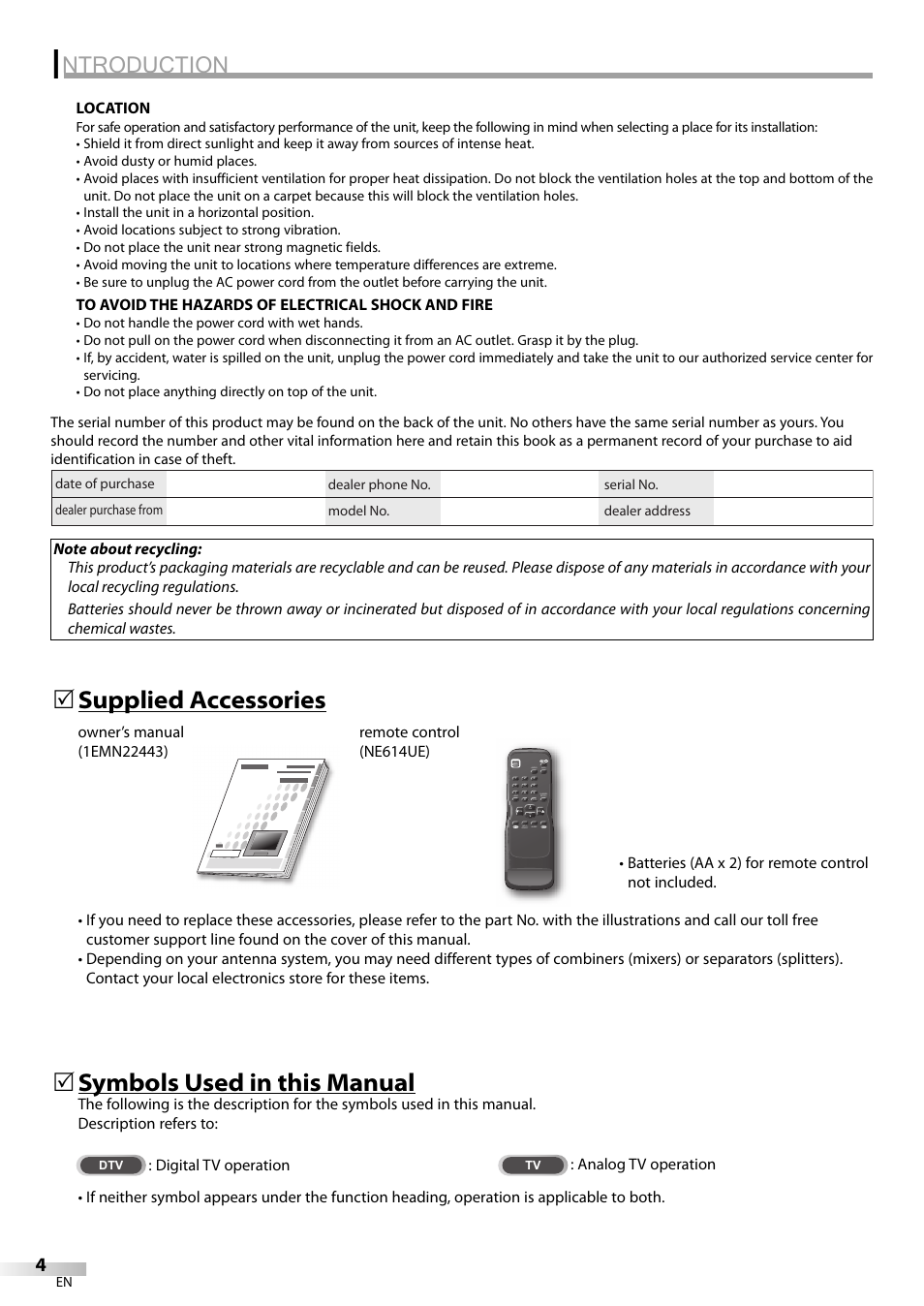 Ntroduction, Supplied accessories 5, Symbols used in this manual | FUNAI CR320IL8 A User Manual | Page 4 / 52