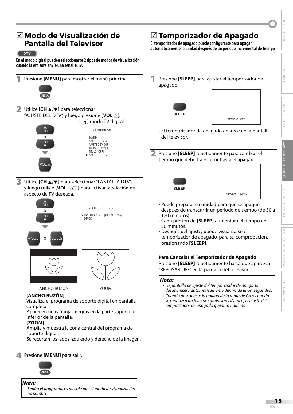 Modo de visualización de pantalla del televisor, 5temporizador de apagado | FUNAI CR320IL8 A User Manual | Page 41 / 52