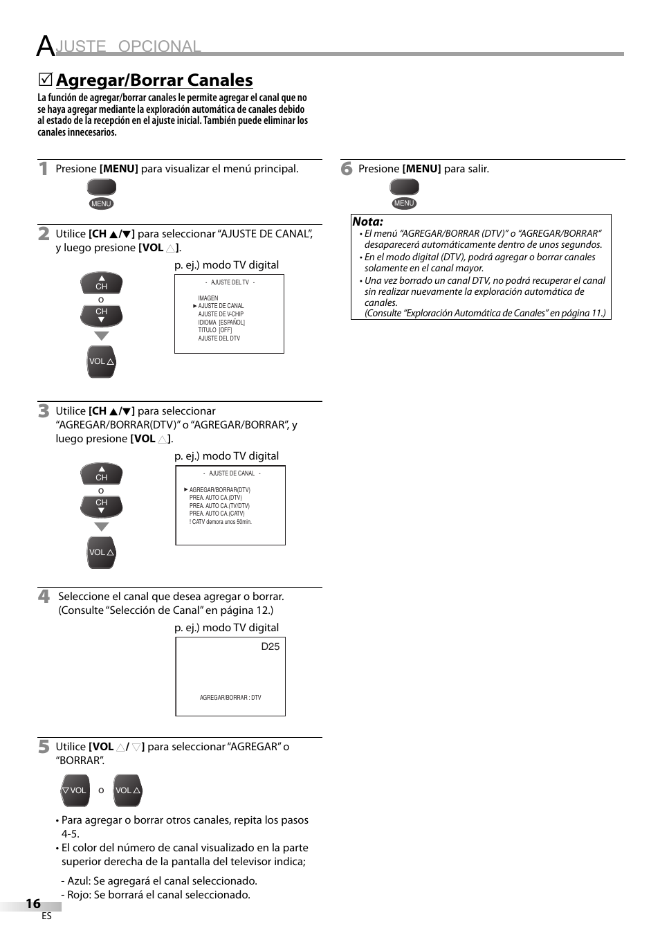Juste opcional, Agregar/borrar canales | FUNAI CR320IL8 A User Manual | Page 42 / 52