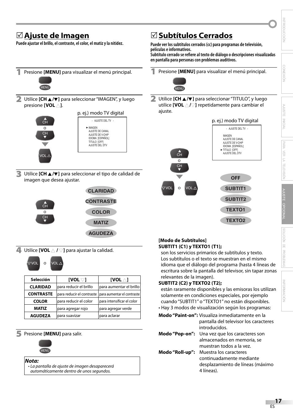 Ajuste de imagen, 5subtítulos cerrados | FUNAI CR320IL8 A User Manual | Page 43 / 52