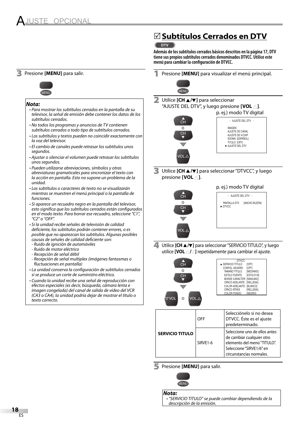 Juste opcional, Subtítulos cerrados en dtv | FUNAI CR320IL8 A User Manual | Page 44 / 52