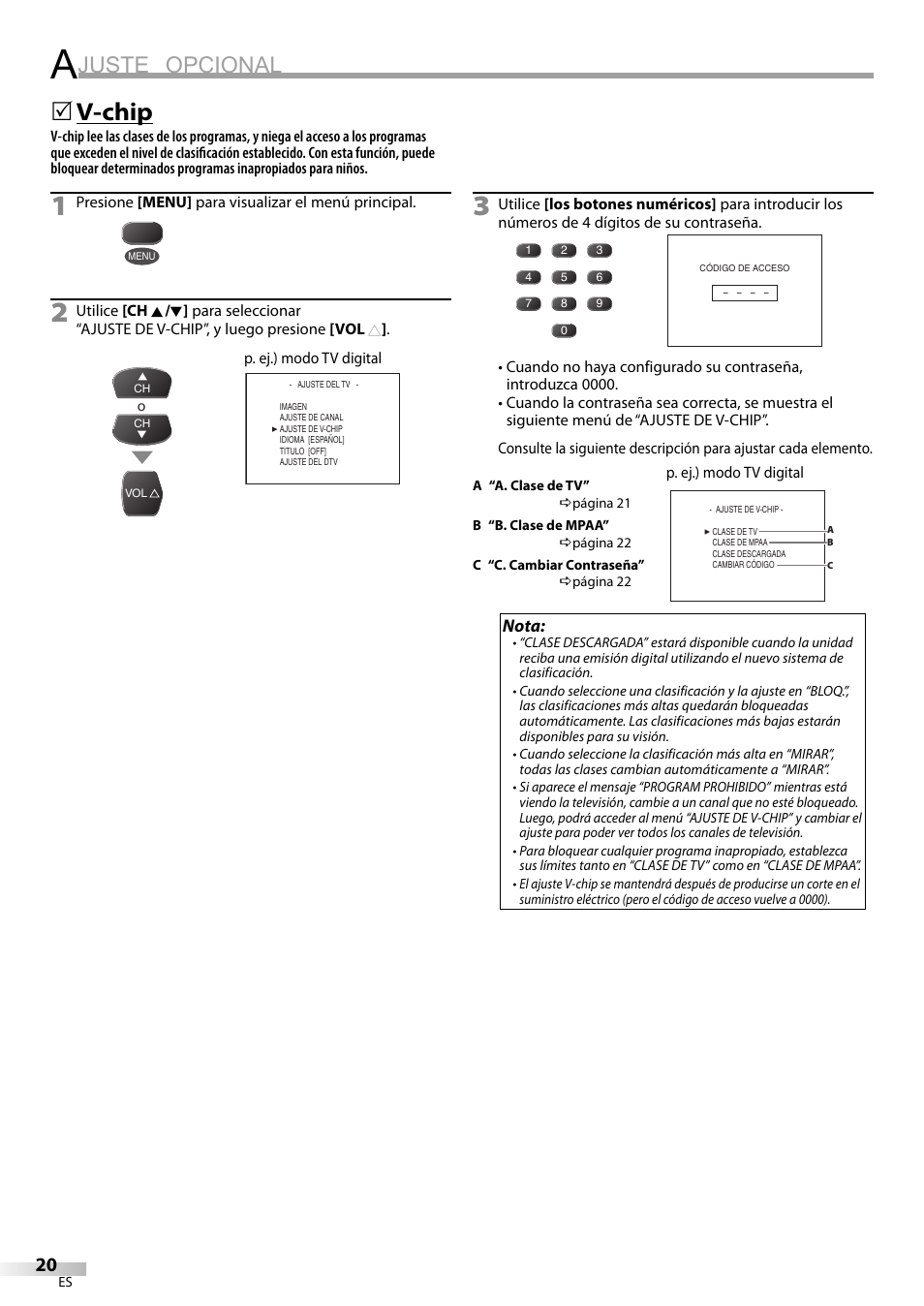 Juste opcional, V-chip | FUNAI CR320IL8 A User Manual | Page 46 / 52