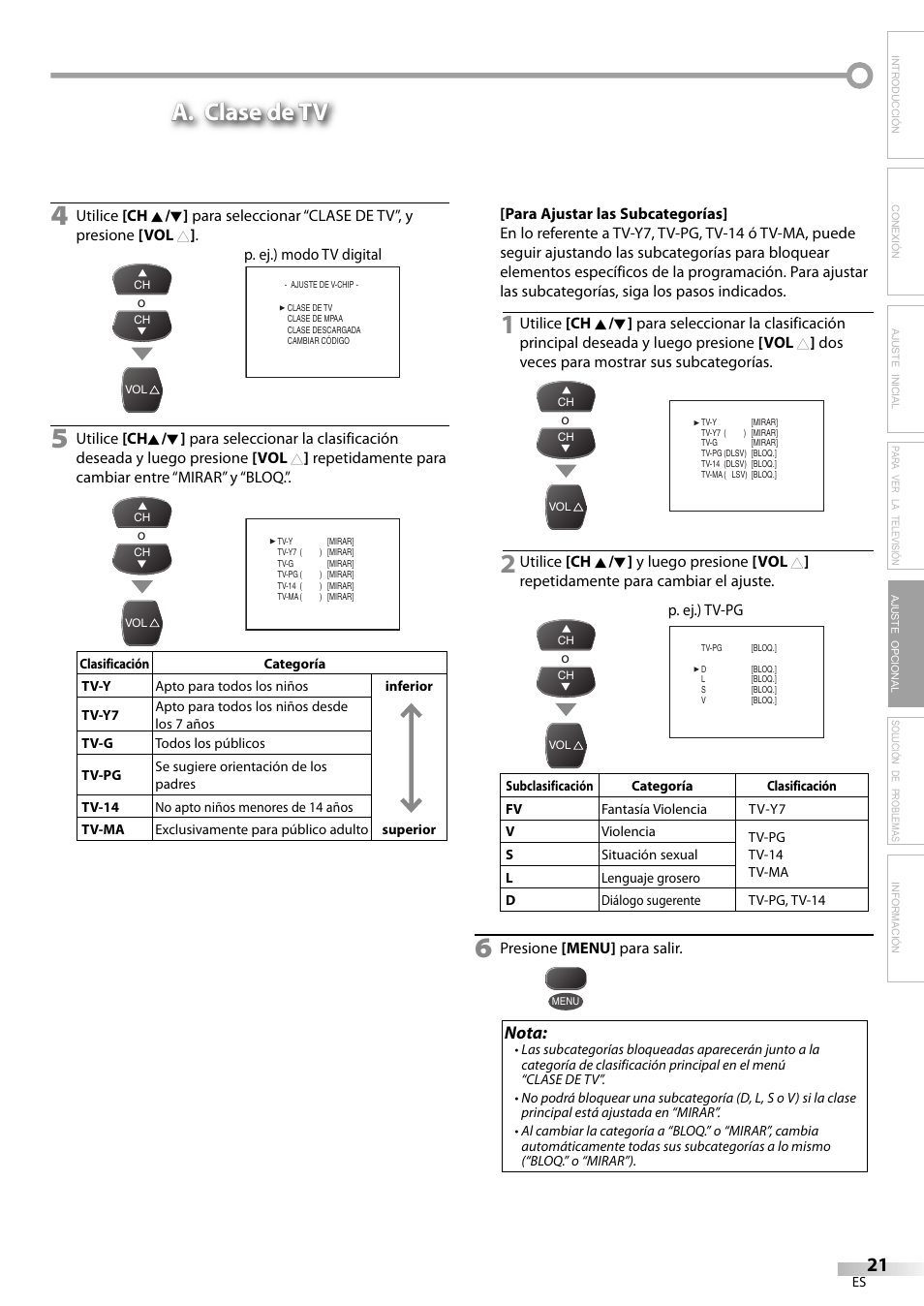 A. clase de tv, Nota | FUNAI CR320IL8 A User Manual | Page 47 / 52