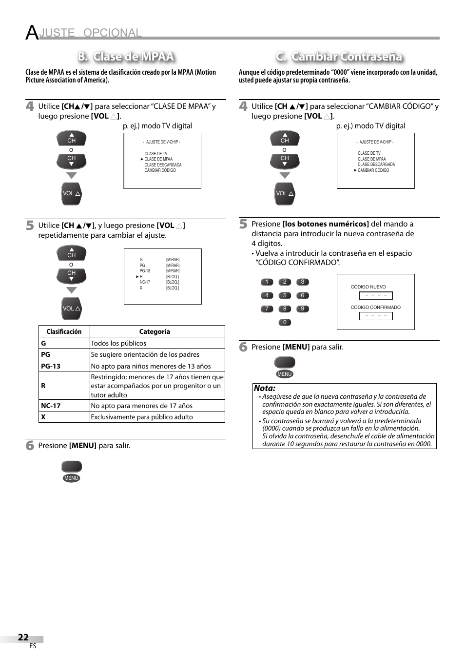 Juste opcional, B. clase de mpaa, C. cambiar contraseña | FUNAI CR320IL8 A User Manual | Page 48 / 52