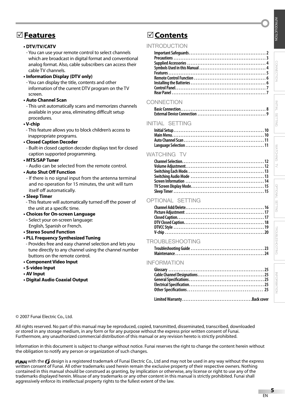 Introduction, Connection, Initial setting | Watching tv, Optional setting, Troubleshooting, Information, Contents 5, Features 5 | FUNAI CR320IL8 A User Manual | Page 5 / 52
