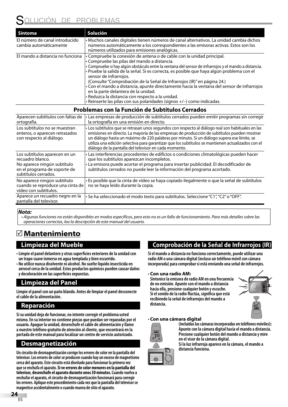 Olución de problemas, Mantenimiento 5, Limpieza del mueble | Limpieza del panel, Reparación, Desmagnetización, Comprobación de la señal de infrarrojos (ir) | FUNAI CR320IL8 A User Manual | Page 50 / 52