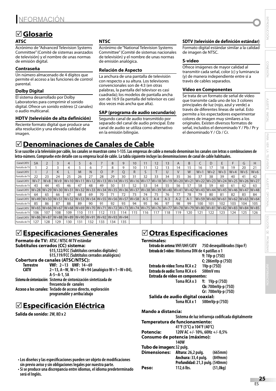 Nformación, Glosario 5, Especificación eléctrica | 5otras especificaciones | FUNAI CR320IL8 A User Manual | Page 51 / 52
