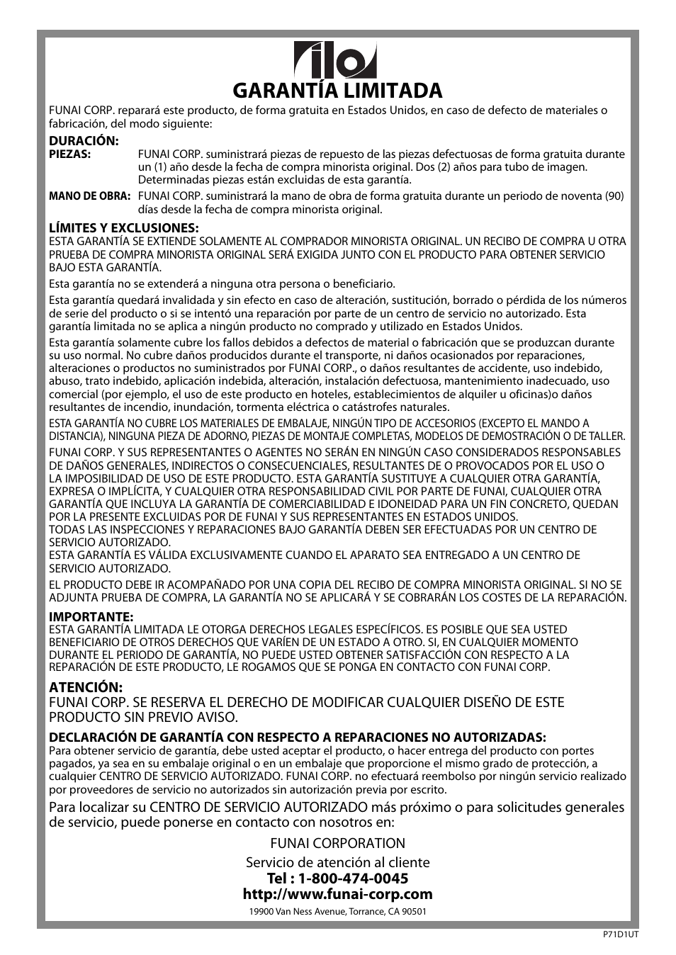 Garantía limitada | FUNAI CR320IL8 A User Manual | Page 52 / 52