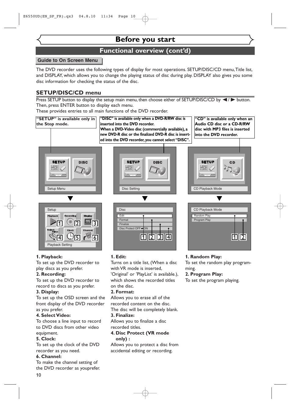 Before you start, Functional overview (cont’d), Setup/disc/cd menu | FUNAI FDR-90E User Manual | Page 10 / 108