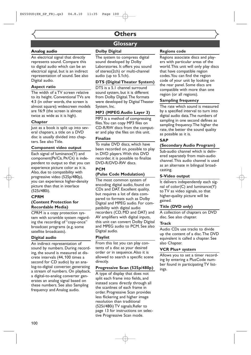 Others, Glossary | FUNAI FDR-90E User Manual | Page 100 / 108