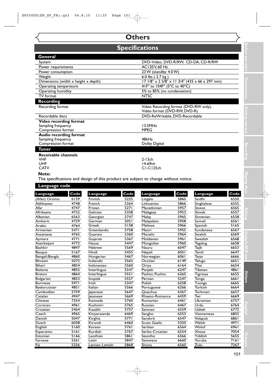 Others, Specifications, General | Recording tuner language code | FUNAI FDR-90E User Manual | Page 101 / 108