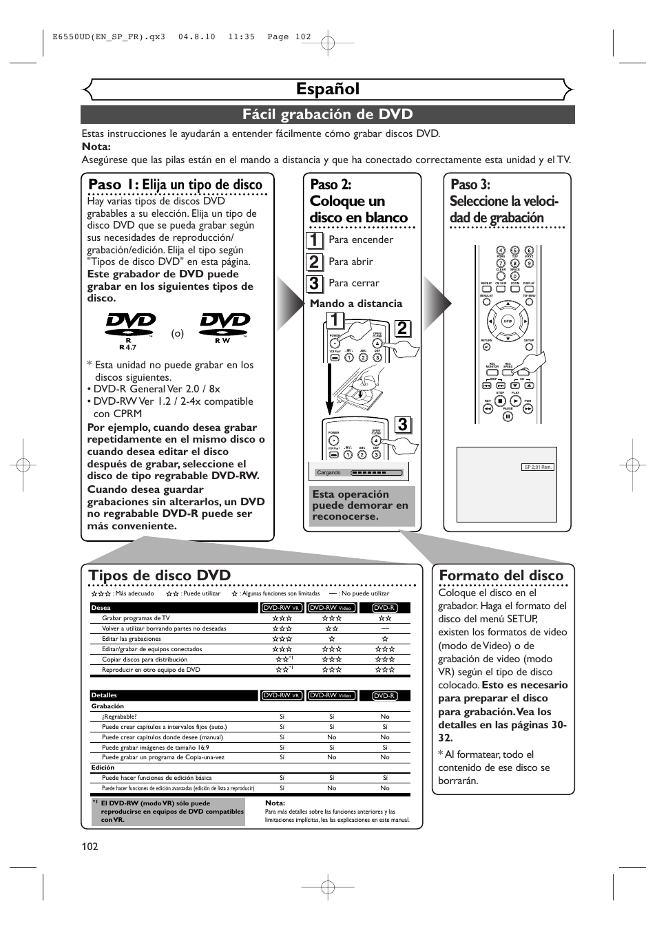 Español, Fácil grabación de dvd, Paso 3: seleccione la veloci- dad de grabación | Paso 1: elija un tipo de disco, Paso 2: coloque un disco en blanco, Formato del disco, Tipos de disco dvd, Mando a distancia para abrir para cerrar, Para encender, Esta operación puede demorar en reconocerse | FUNAI FDR-90E User Manual | Page 102 / 108