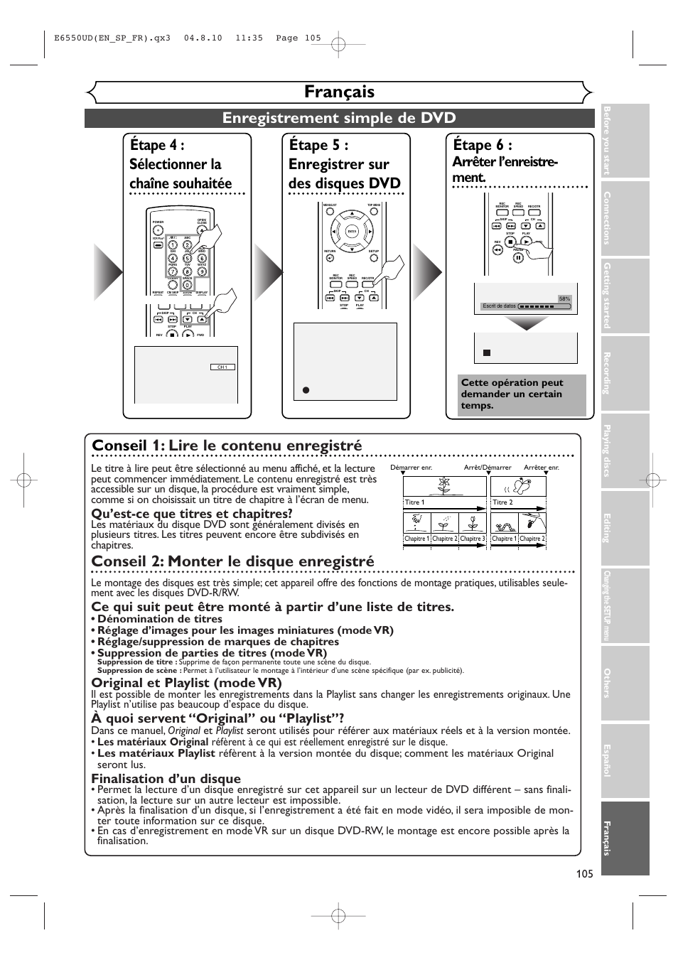 Français, Enregistrement simple de dvd, Conseil 1: lire le contenu enregistré | Conseil 2: monter le disque enregistré, Arrêter l’enreistre- ment, Qu’est-ce que titres et chapitres, Original et playlist (mode vr), À quoi servent “original” ou “playlist, Finalisation d’un disque, Cette opération peut demander un certain temps | FUNAI FDR-90E User Manual | Page 105 / 108