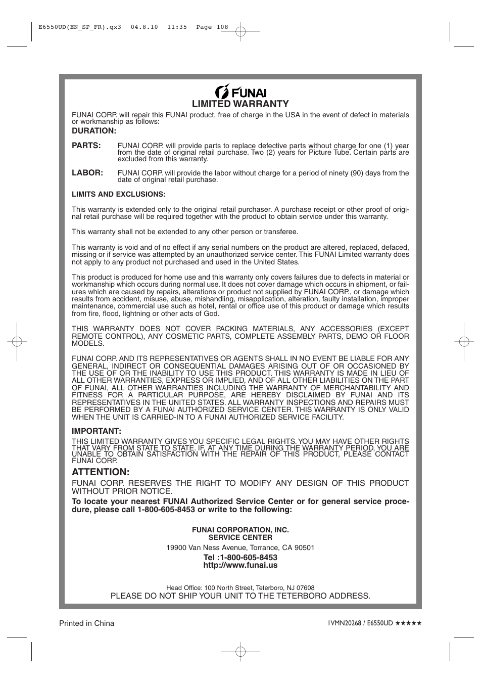 Limited warranty, Attention | FUNAI FDR-90E User Manual | Page 108 / 108