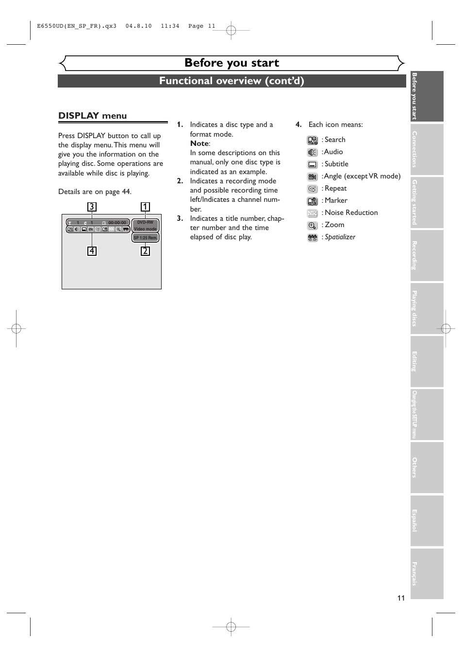 Before you start, Functional overview (cont’d), Display menu | FUNAI FDR-90E User Manual | Page 11 / 108