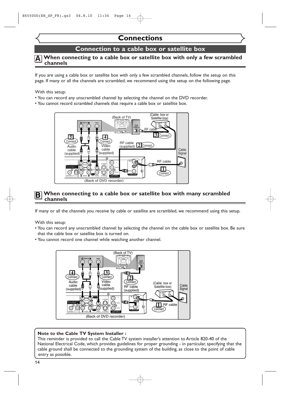 Connections, Connection to a cable box or satellite box | FUNAI FDR-90E User Manual | Page 14 / 108