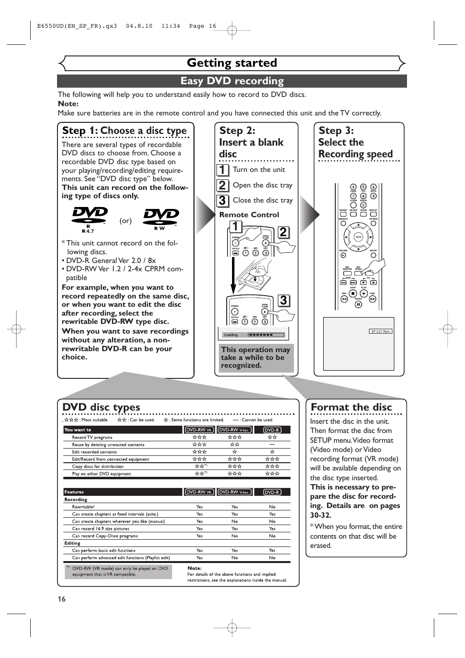 Getting started, Step 2: insert a blank disc, Easy dvd recording | Step 3: select the recording speed, Step 1: choose a disc type, Format the disc, Dvd disc types, Turn on the unit, This operation may take a while to be recognized | FUNAI FDR-90E User Manual | Page 16 / 108