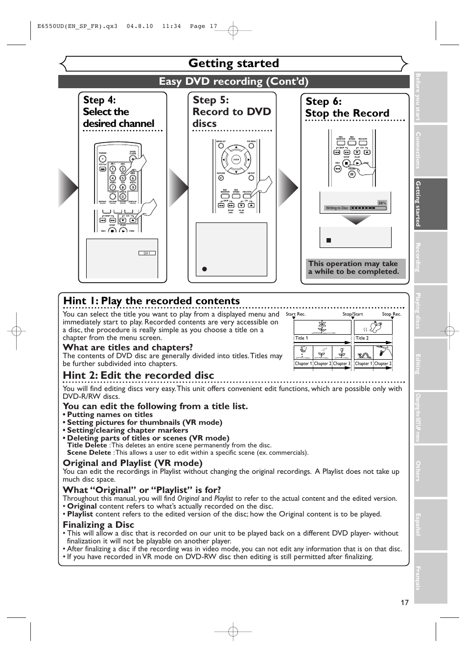 Getting started, Easy dvd recording (cont’d), Step 5: record to dvd discs | Hint 1: play the recorded contents, Hint 2: edit the recorded disc, What are titles and chapters, You can edit the following from a title list, Original and playlist (vr mode), What “original” or “playlist” is for, Finalizing a disc | FUNAI FDR-90E User Manual | Page 17 / 108