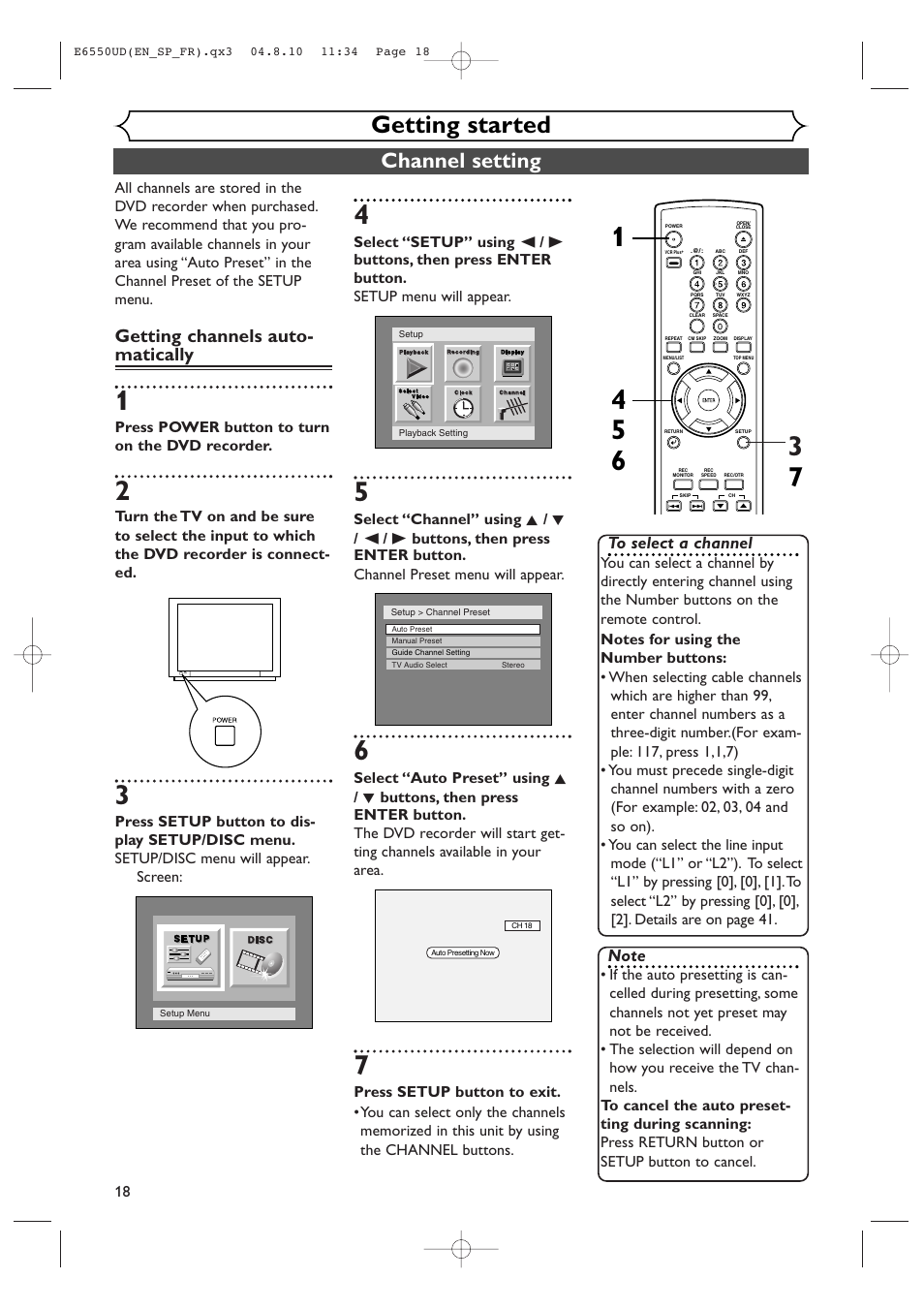 Getting started, Channel setting, Getting channels auto- matically | FUNAI FDR-90E User Manual | Page 18 / 108