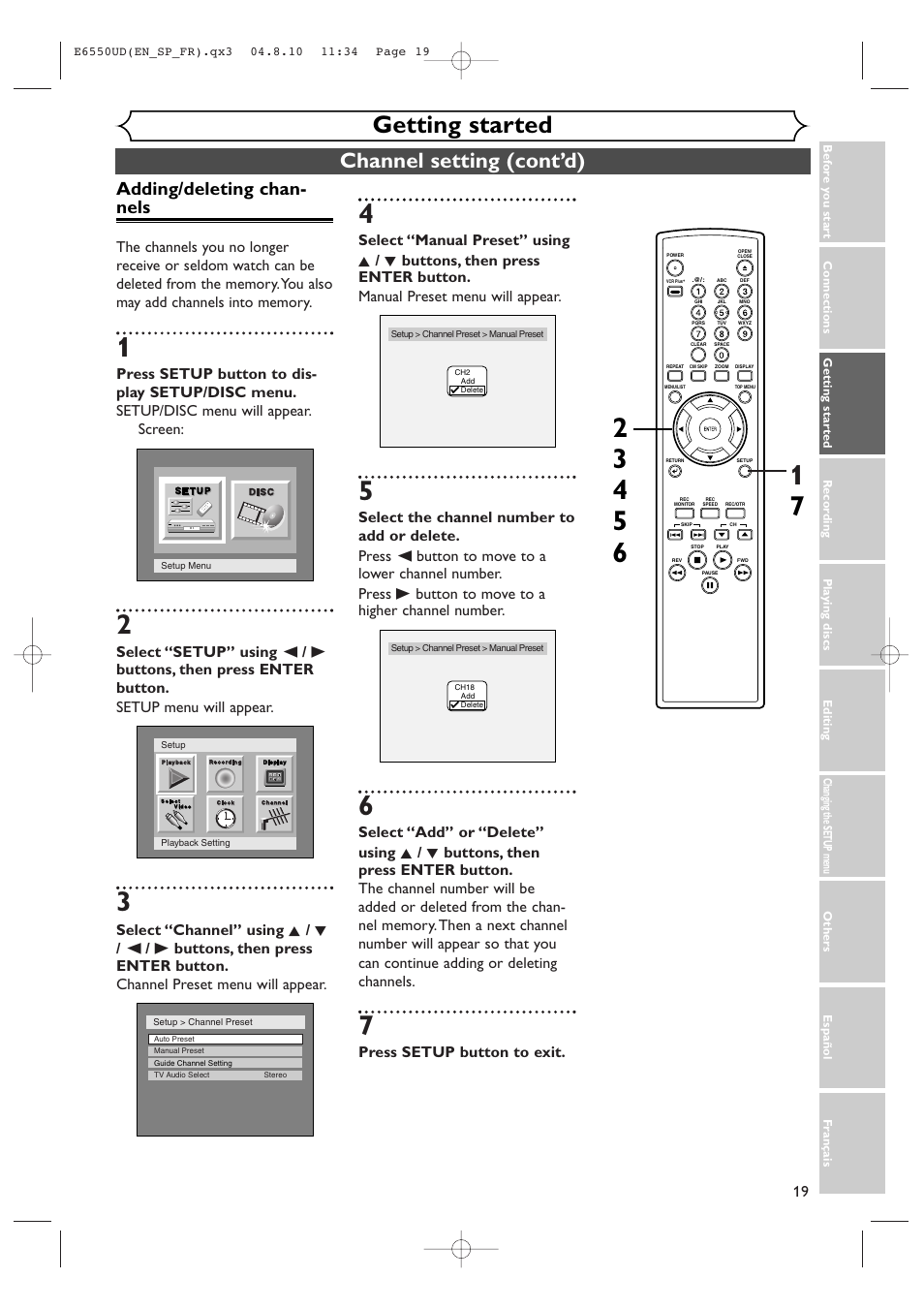 Getting started, Channel setting (cont’d), Adding/deleting chan- nels | Press setup button to exit | FUNAI FDR-90E User Manual | Page 19 / 108