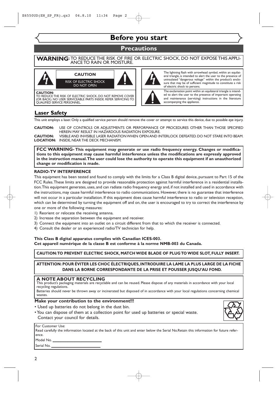 Before you start, Precautions, Warning | Laser safety | FUNAI FDR-90E User Manual | Page 2 / 108