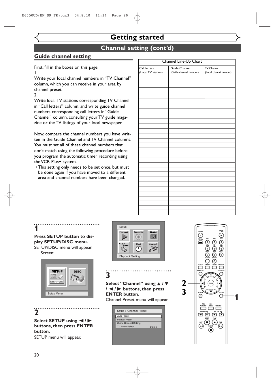 Getting started, Channel setting (cont’d), Guide channel setting | Channel line-up chart | FUNAI FDR-90E User Manual | Page 20 / 108