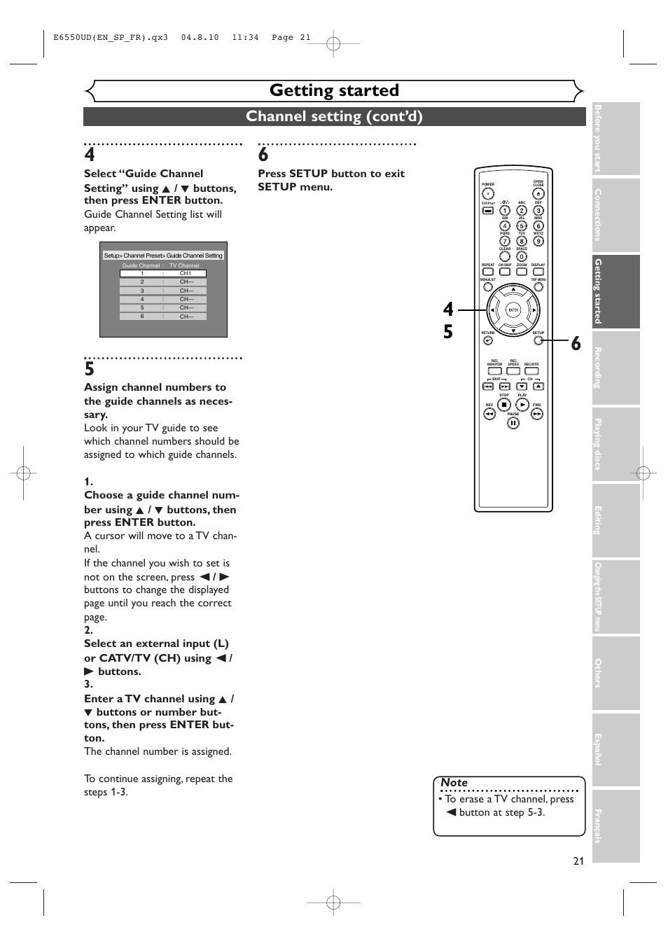 Getting started, Channel setting (cont’d), Press setup button to exit setup menu | FUNAI FDR-90E User Manual | Page 21 / 108