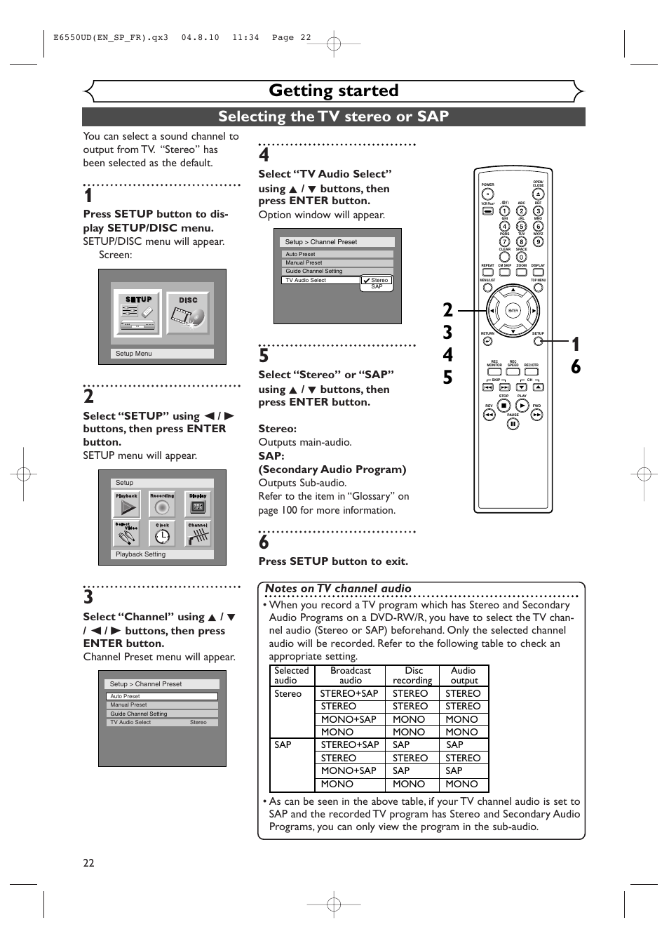 Getting started, Selecting the tv stereo or sap, Press setup button to exit | FUNAI FDR-90E User Manual | Page 22 / 108