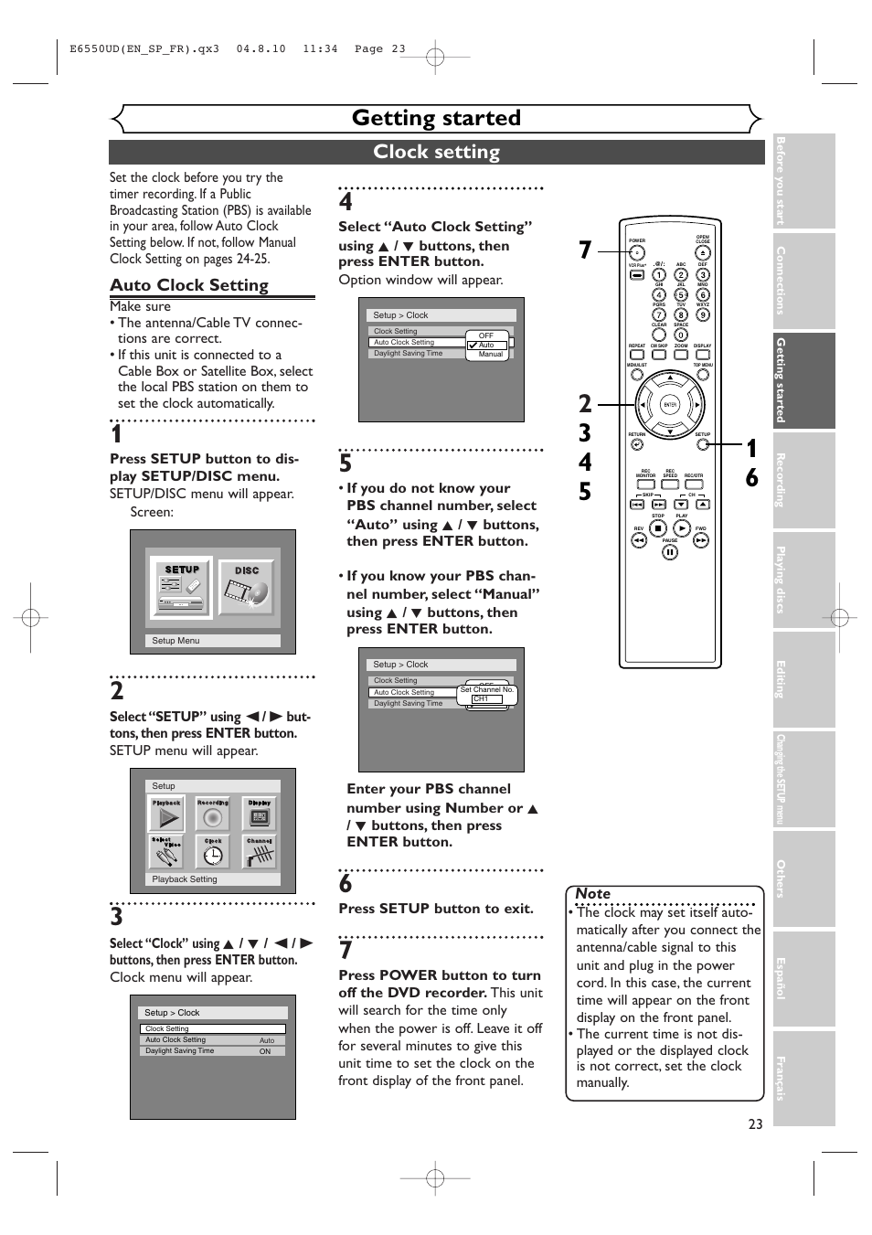 Getting started, Clock setting, Auto clock setting | Press setup button to exit | FUNAI FDR-90E User Manual | Page 23 / 108